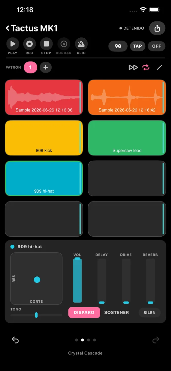 Tactus MK1 play screen with pad grid and FX panel