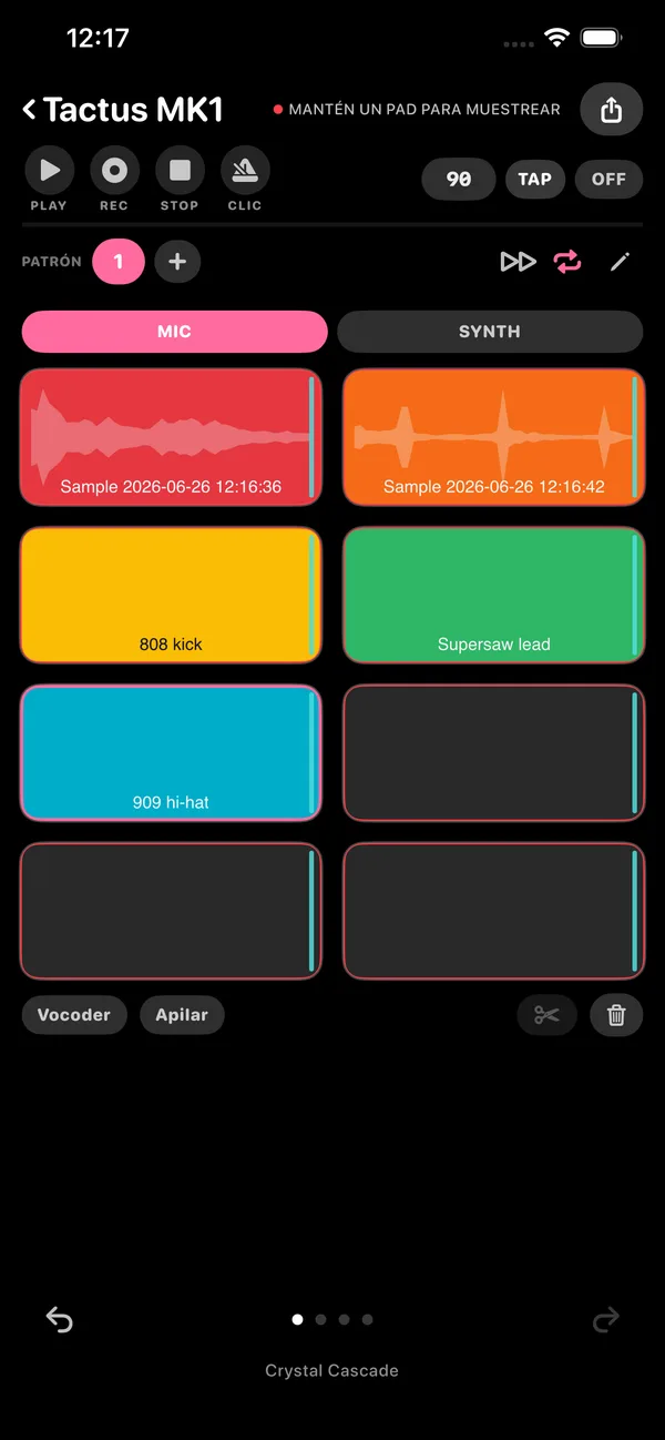 Tactus MK1 sample screen with recorded pads