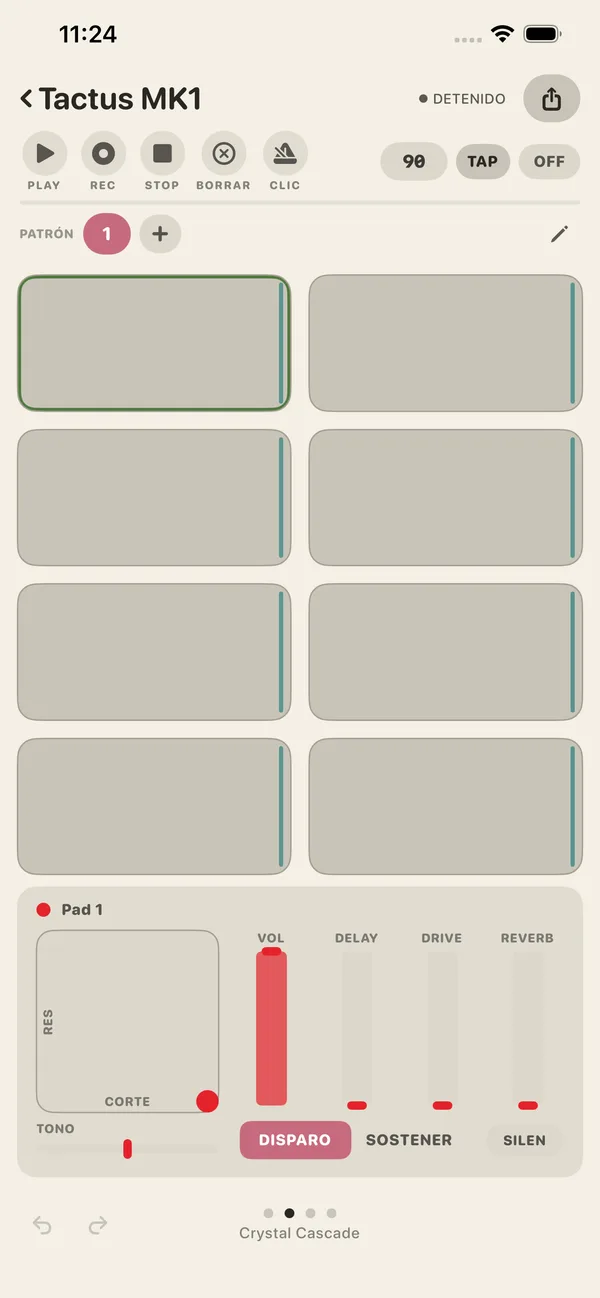 Tactus MK1 play screen with pad grid and FX panel
